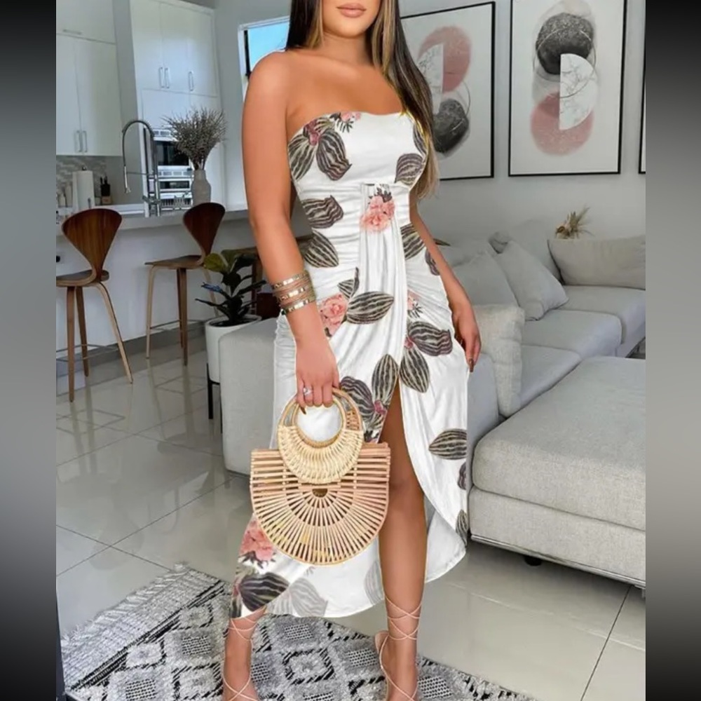 Floral Print Ruched Slit Bandeau Casual Dress NWT